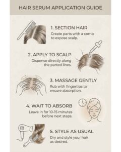 Step-by-step guide showing where and how to apply hair growth serum on scalp