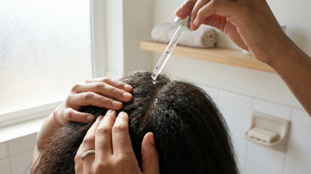 Person applying hair growth serum directly to the scalp using a dropper