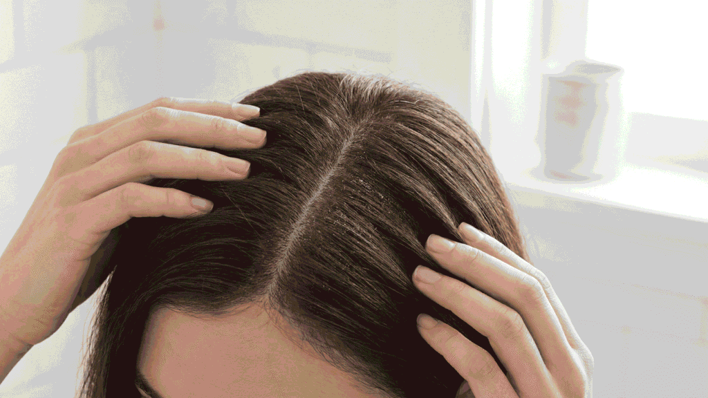 Close-up of scalp with hair parted, showing product buildup near roots